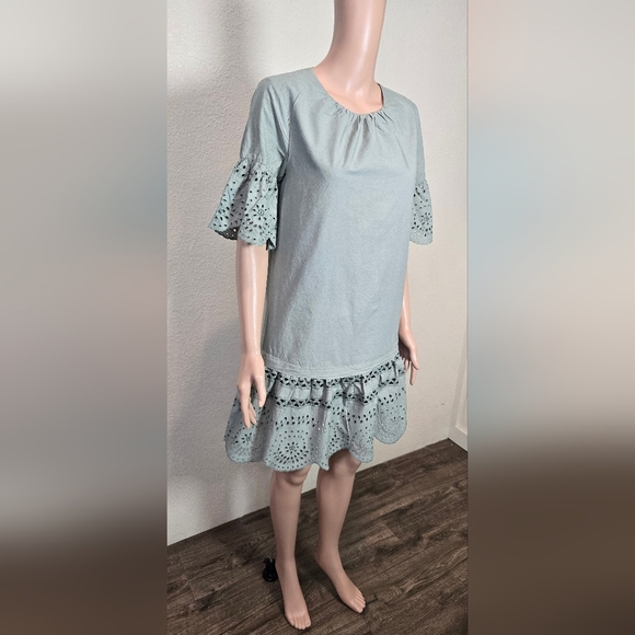 Madewell Eyelet Drop Waist Mini Dress 100% Cotton in Sage Green Size Small - Picture 2 of 11